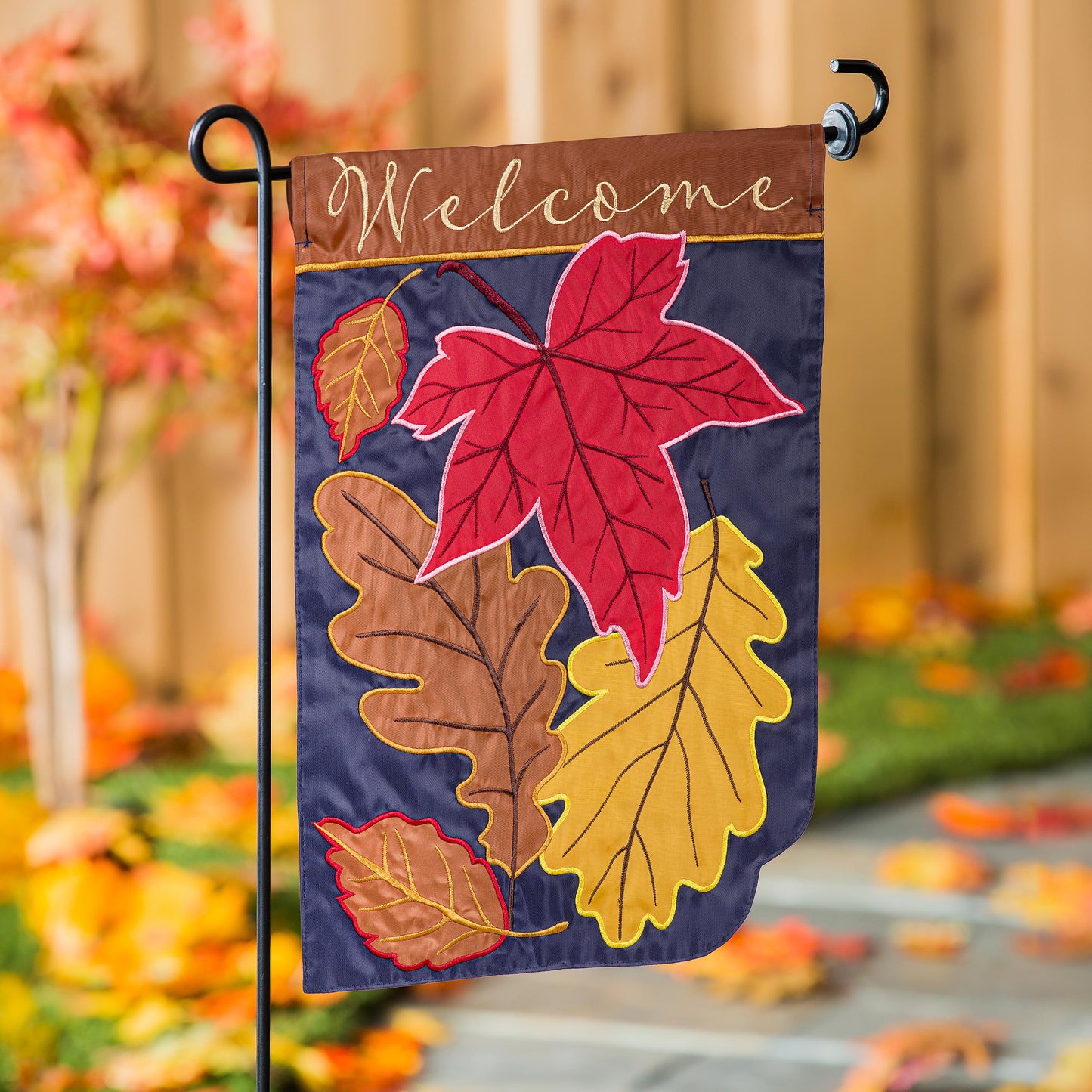 Fall Leaves on Navy Printed/Applique Garden Flag; Polyester 12.5"x18"