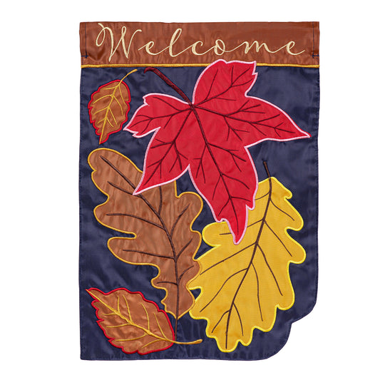Fall Leaves on Navy Printed/Applique Garden Flag; Polyester 12.5"x18"