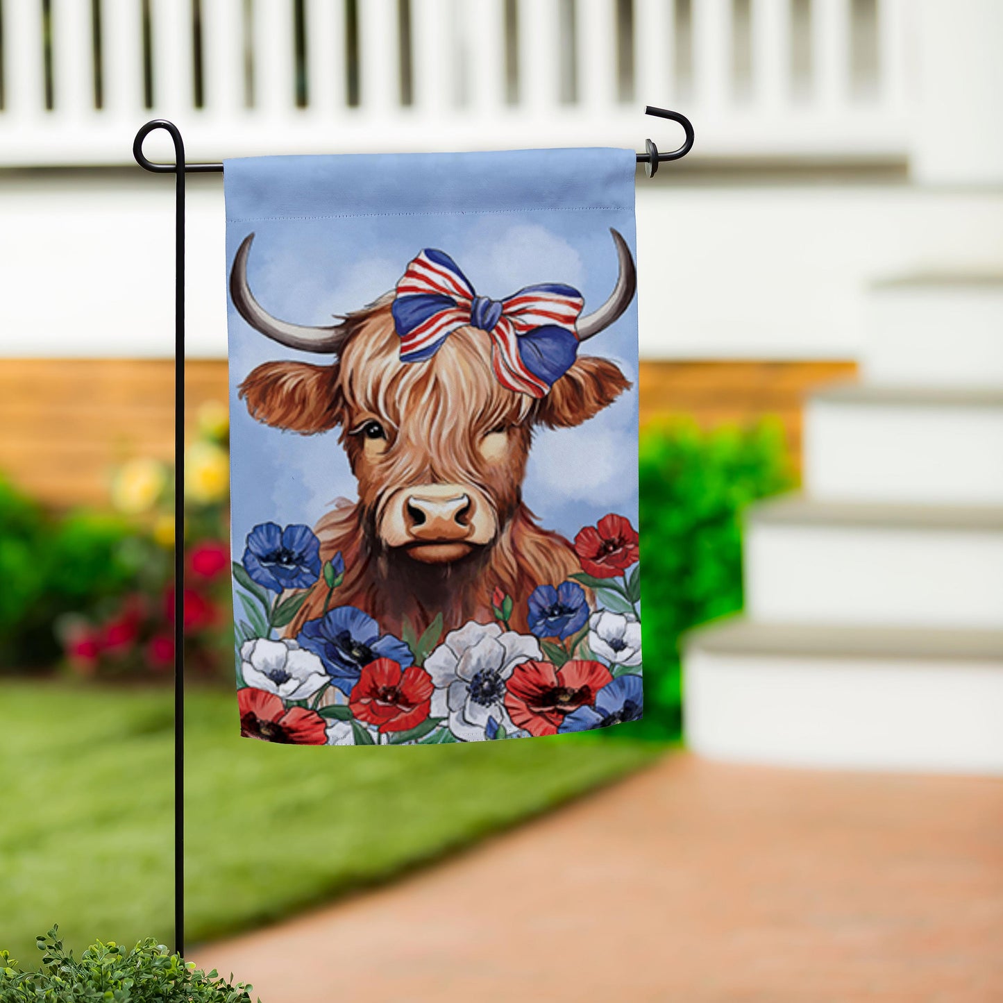 Patriotic Highland Cow Garden Flag