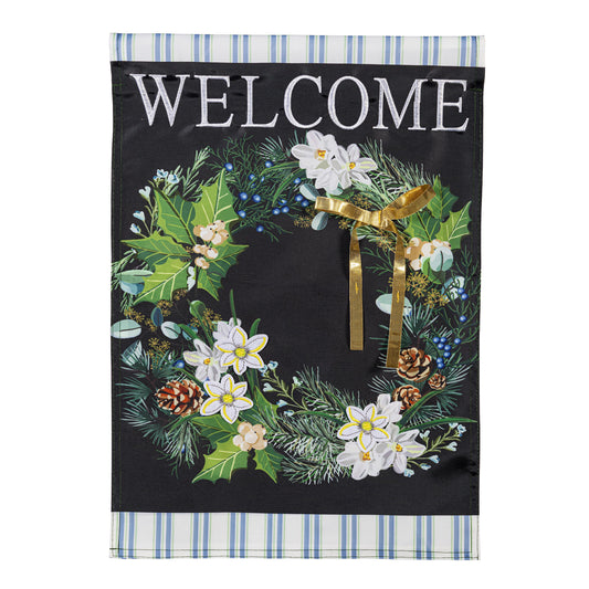 Winter Foliage Welcome Applique Garden Flag; Polyester 12.5"x18"