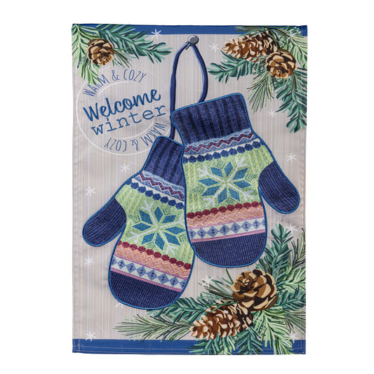 Winter Mittens Applique Garden Flag; Polyester 12.5"x18"
