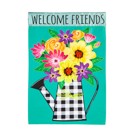 Welcome Friends Buffalo Check Watering Can Garden Flag