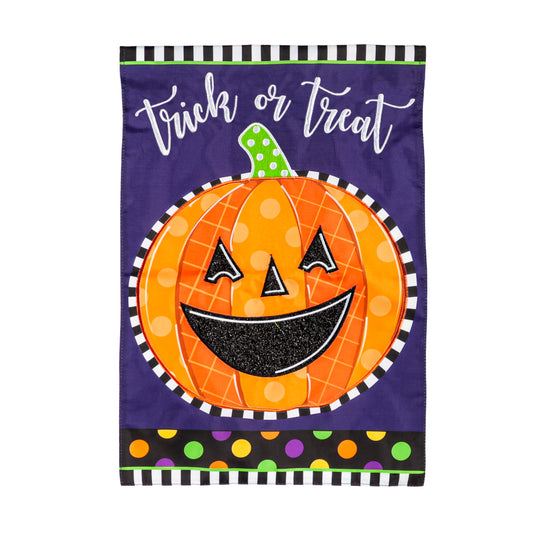 Patterned Jack-o-Lantern Applique Garden Flag; Polyester 12.5"x18"