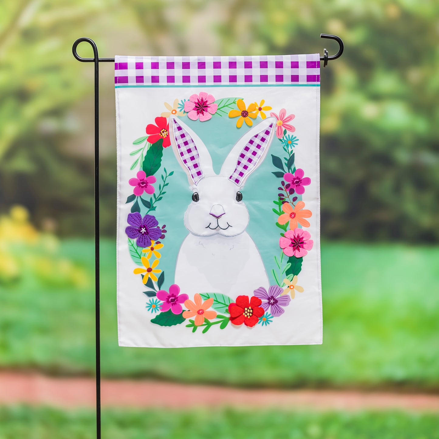 Gingham Bunny Garden Flag; Polyester 12.5"x18"