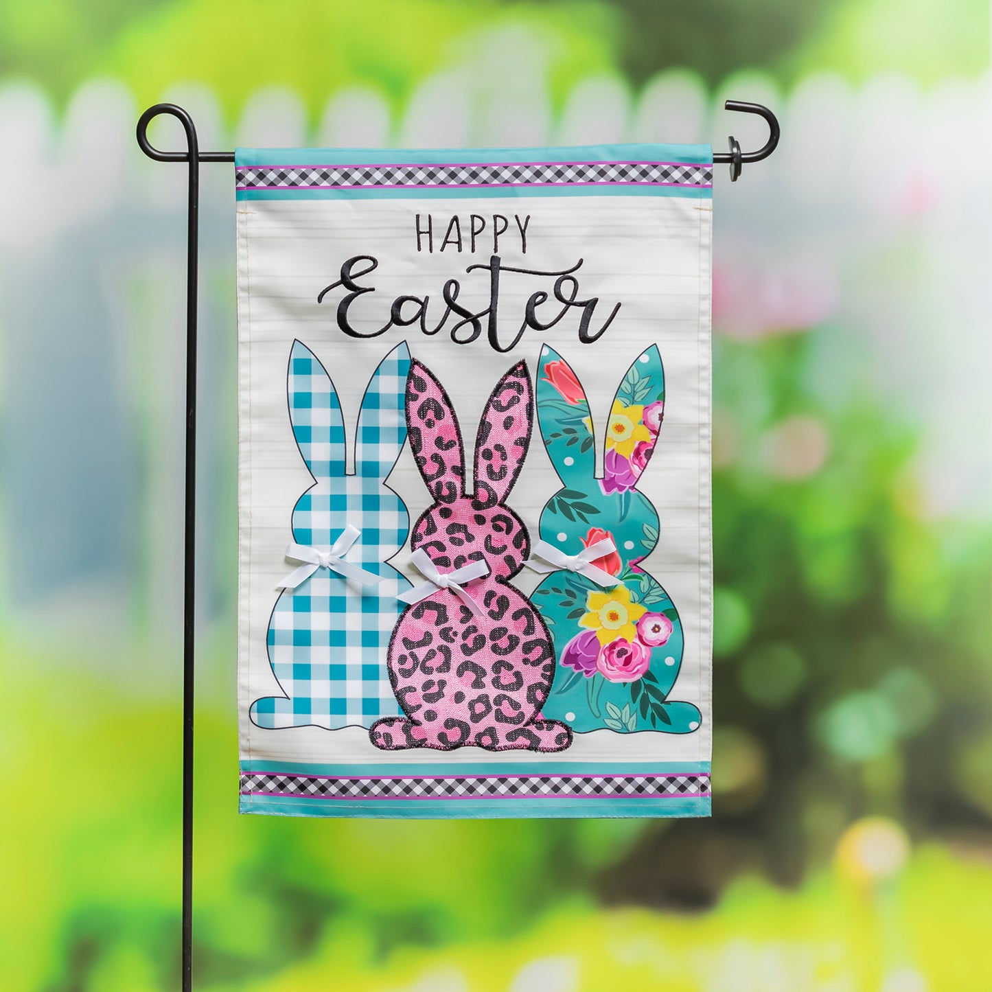 Bright Bunnies Applique Garden Flag; Polyester 12.5"x18"