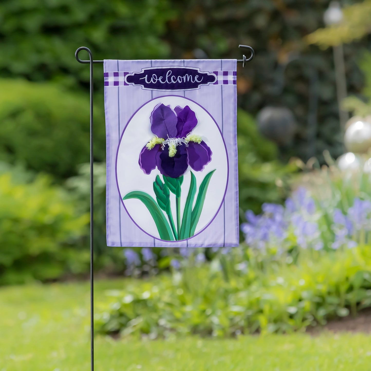 Spring Iris Welcome Printed with Embellishments Garden Flag; Polyester 12.5"x18"