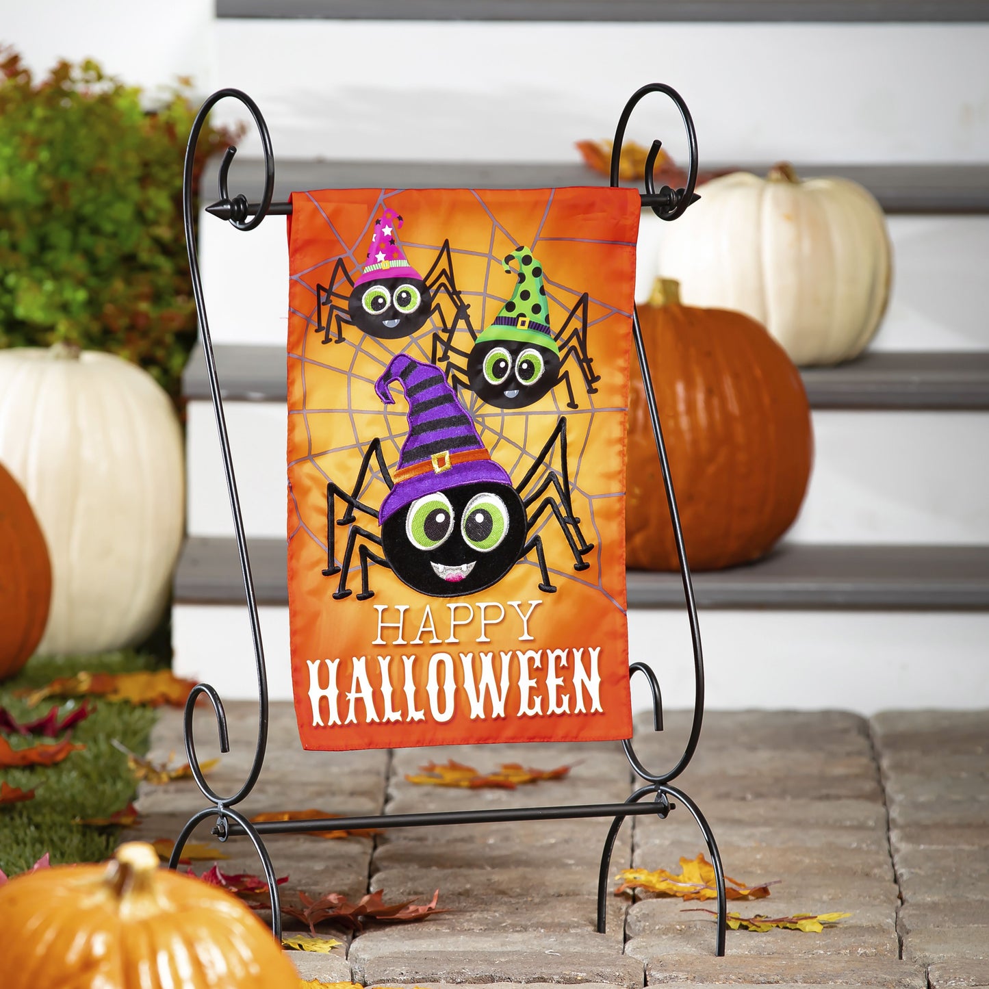 Happy Halloween Spiders Printed/Applique Garden Flag; Polyester 12.5"x18"