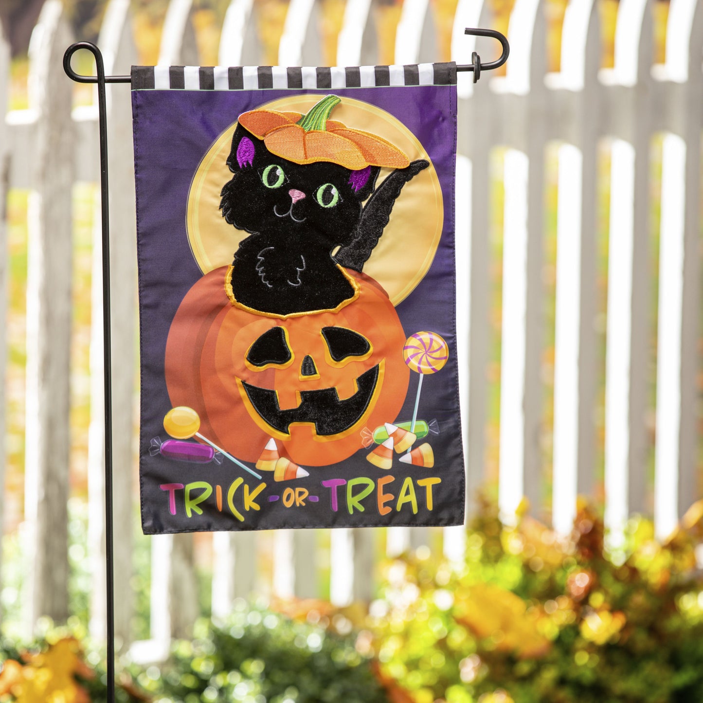 Trick or Treat Kitten Printed/Applique Garden Flag; Polyester 12.5"x18"