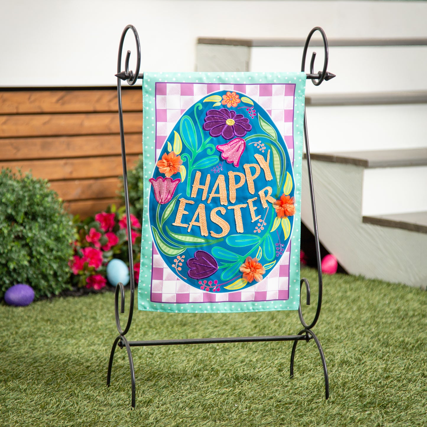 Happy Easter Egg Printed/Applique Garden Flag; Polyester 12.5"x18"
