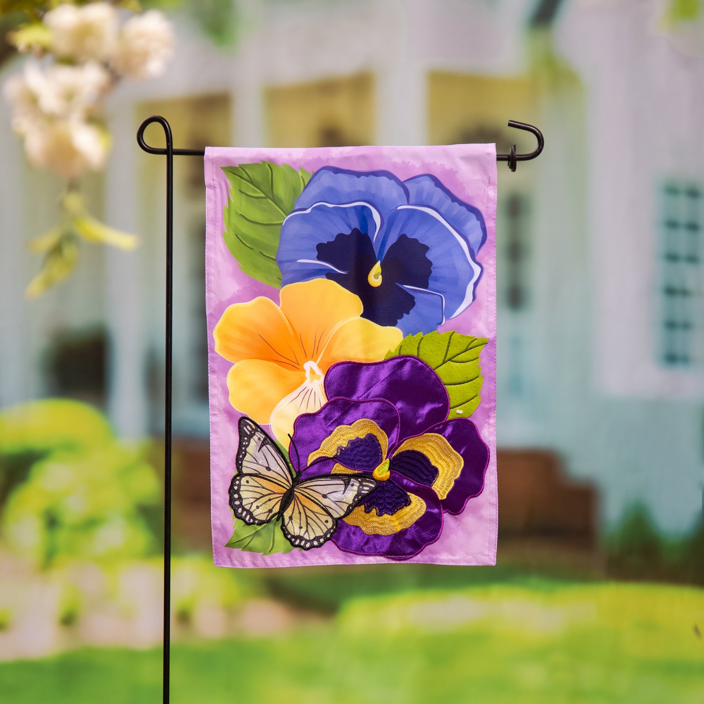 Pansy & Butterfly Printed/Applique Garden Flag; Polyester 12.5"x18"