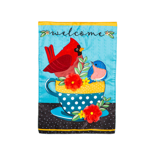 Songbirds Welcome Applique Garden Flag; Polyester 12.5"x18"