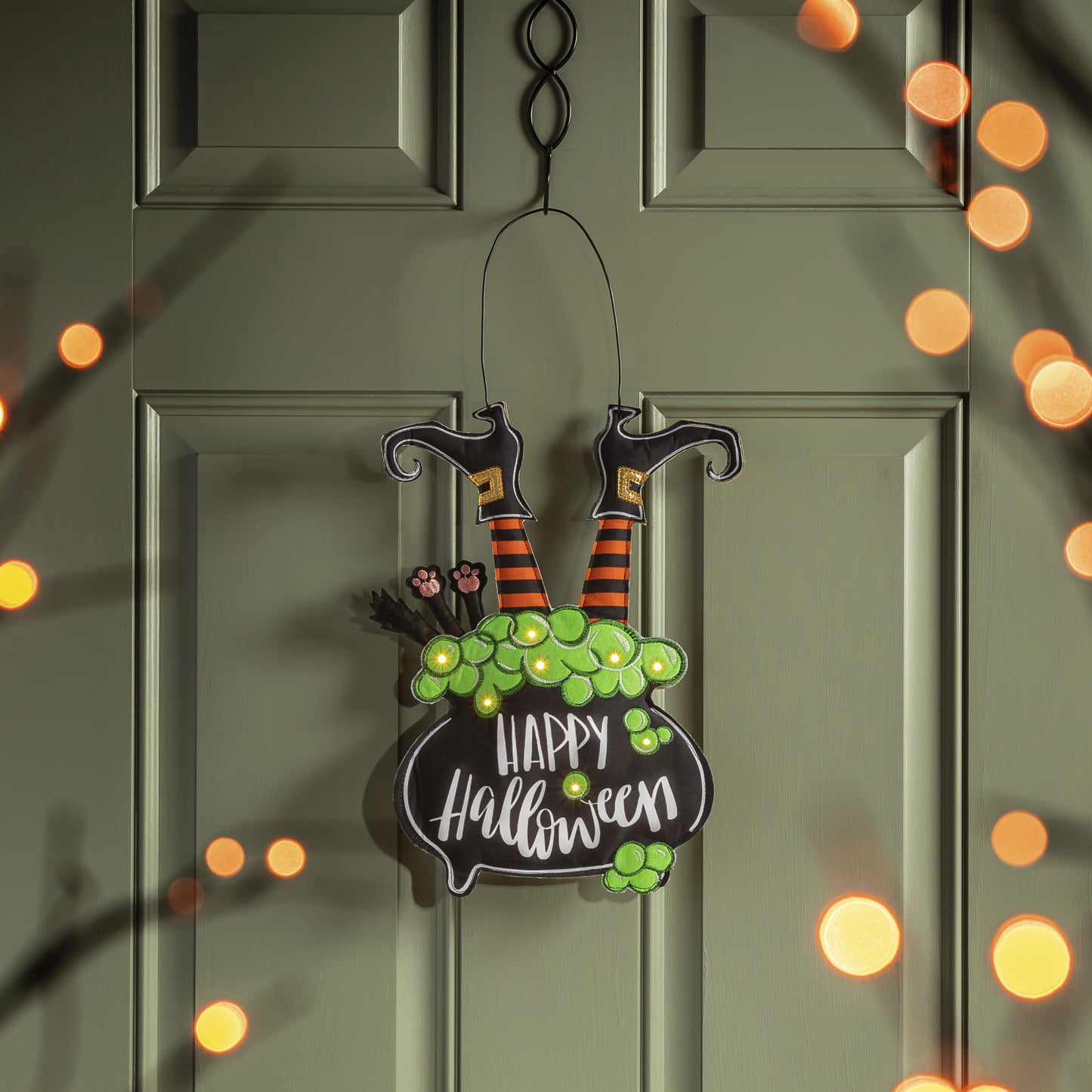 Witch with Cauldron Light Up Door Hanger; Burlap 14"Lx9"W