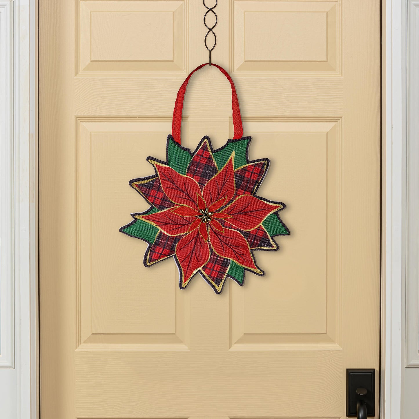 Welcome Poinsettia Shaped Door Hanger; Burlap 16"Lx16"W