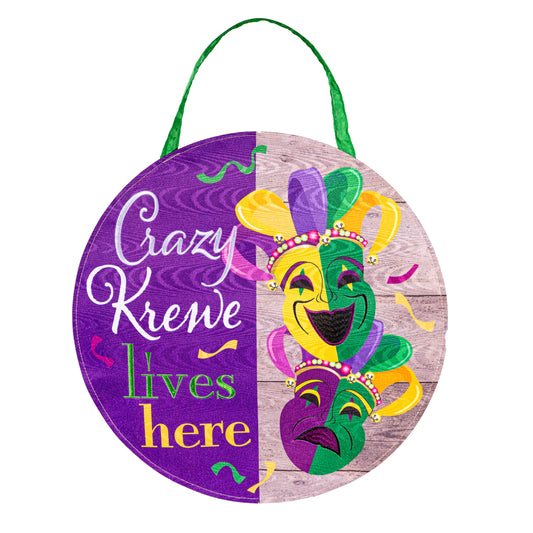 Mardi Gras Crazy Krewe Lives Here Moire Door Hanger; Polyester 18"OD