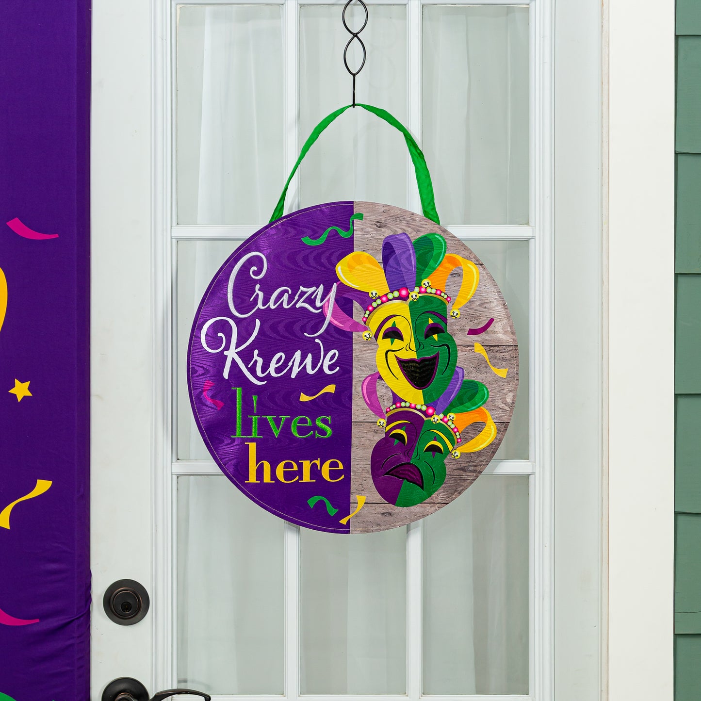 Mardi Gras Crazy Krewe Lives Here Moire Door Hanger; Polyester 18"OD