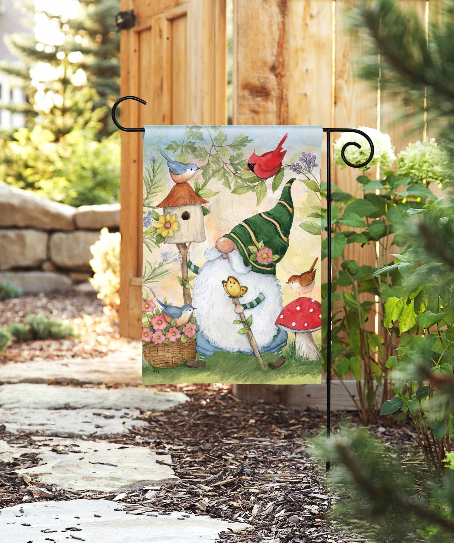 Birdhouse Gnome Garden Flag