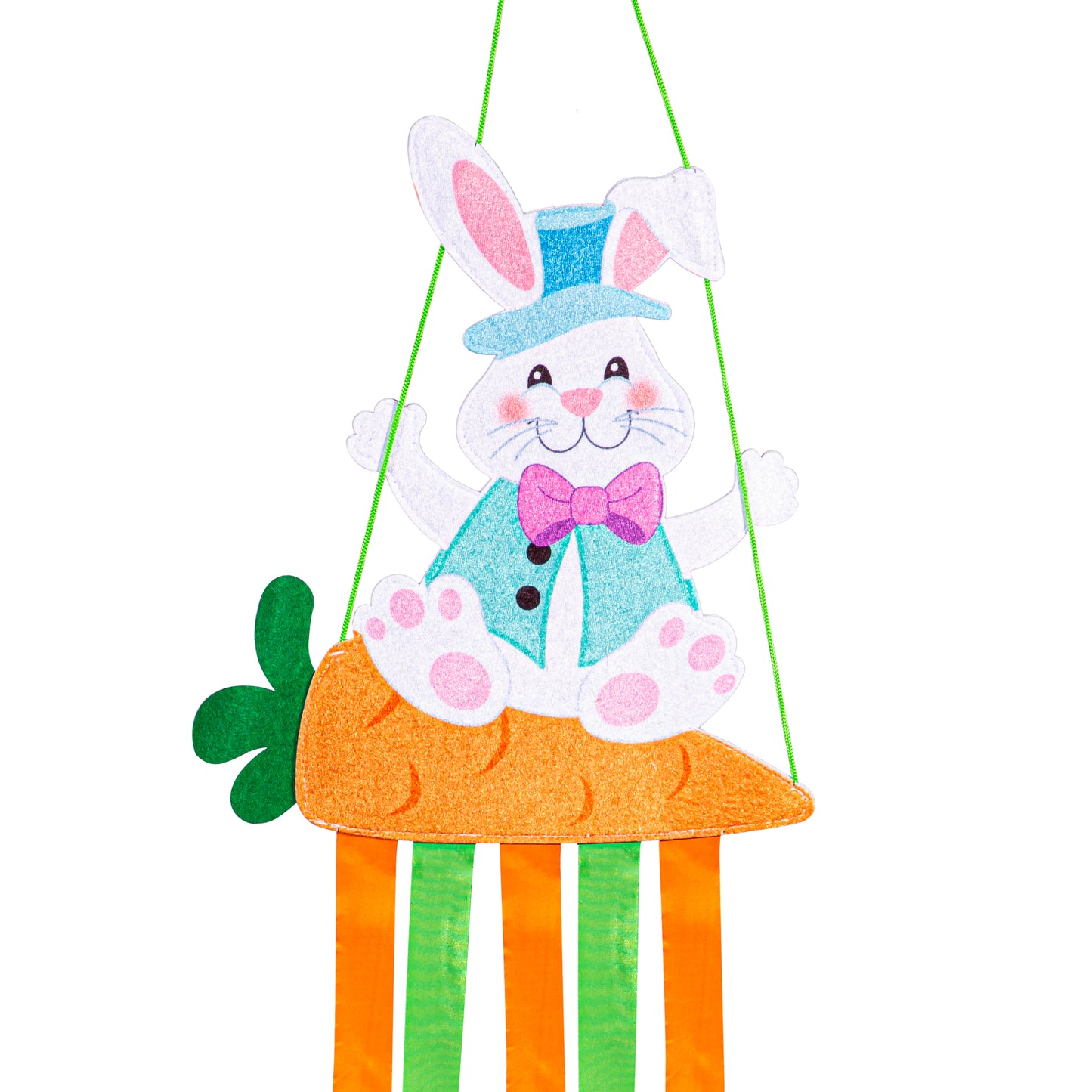 Happy Go Lucky Easter Swinging Bunny Shaped Wind Spinner Windsock; Polyester 12"Wx36"L