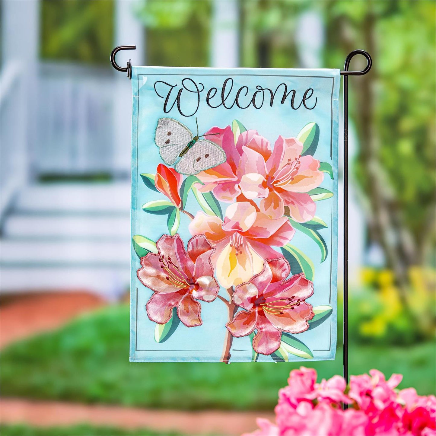 Vivid Azaleas Applique Garden Flag; Polyester 12.5"x18"