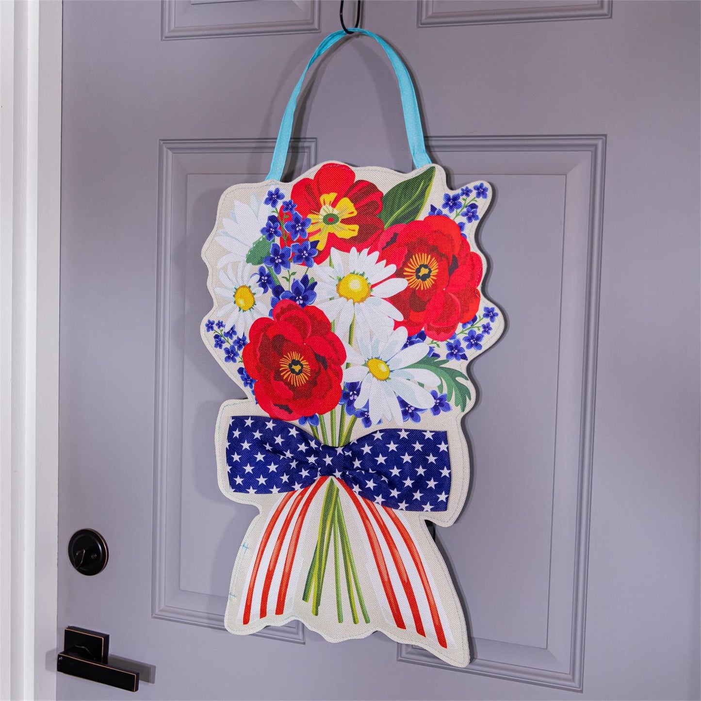 Daisy Bow & Patriotic Bow Bouquet Double Sided Door Hanger; Burlap