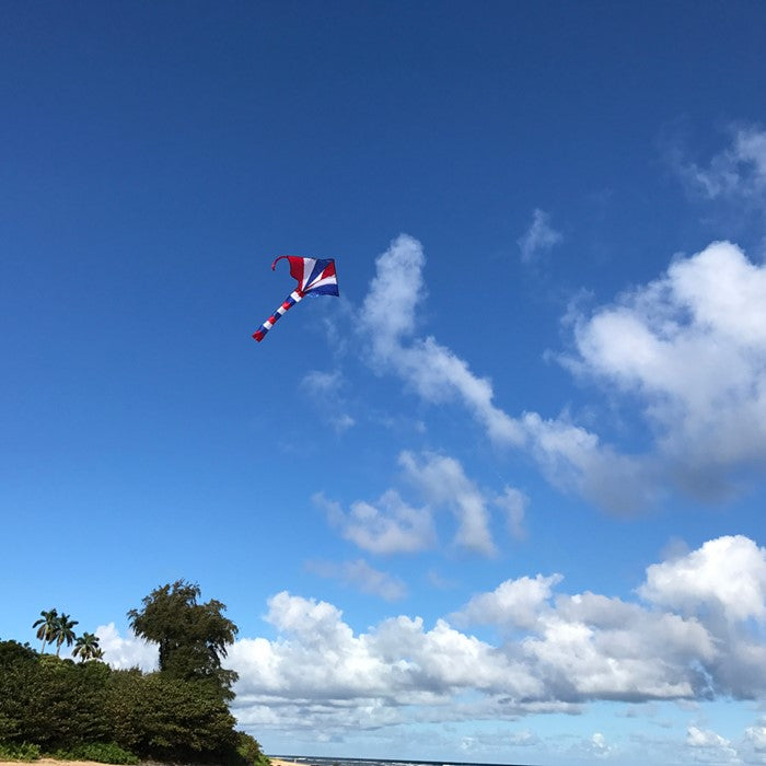 Patriotic Spirit Polyester Fly-Hi Easy Flyer Kite with Fiberglass Frame & 26" attached streamer tails to include __ ft. __ lb. Test Line & Winder ; 46"x72" - Wind Range 6 ~ 20 mph