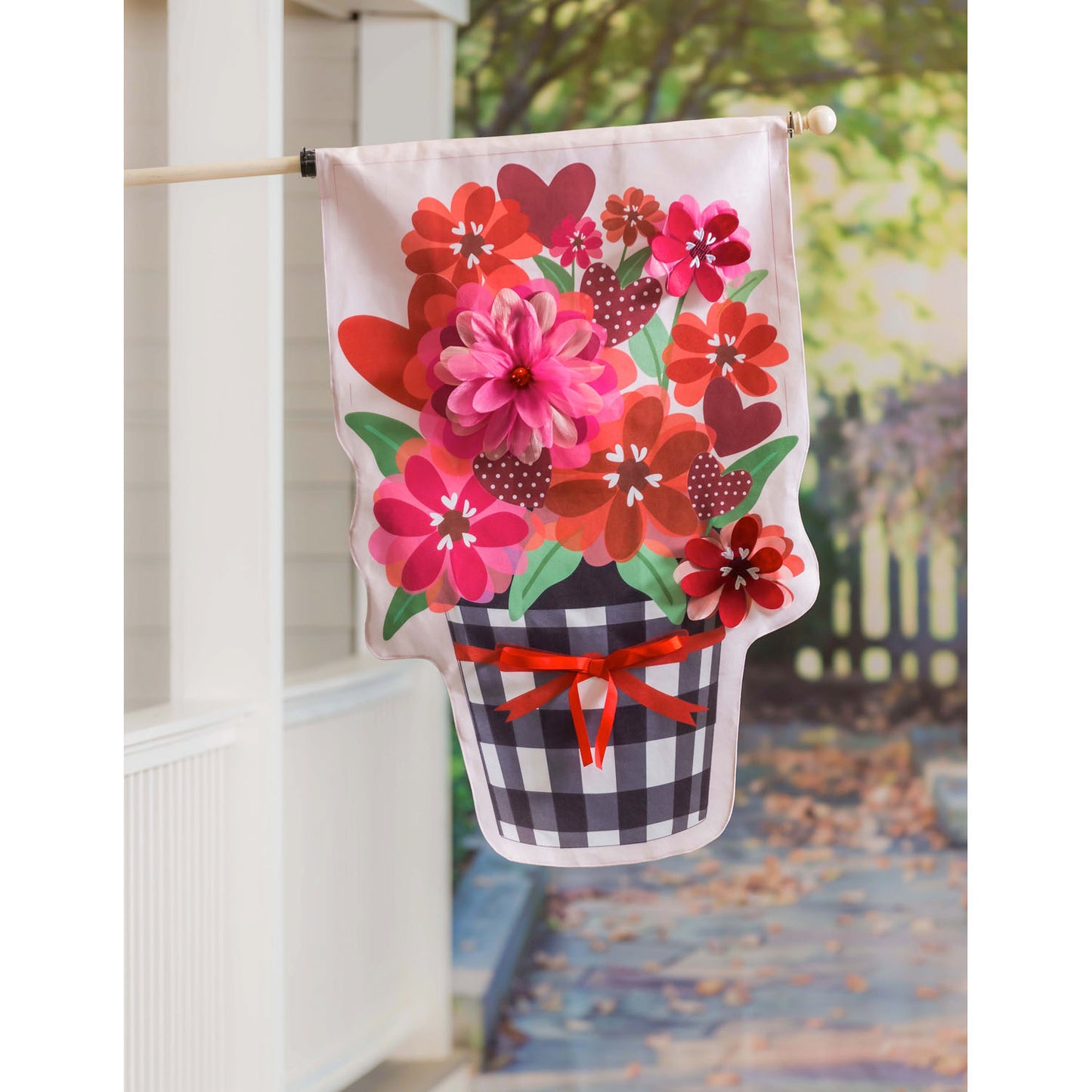 Buffalo Check Flower Pot Printed Burlap House Flag; Polyester 28"x44"