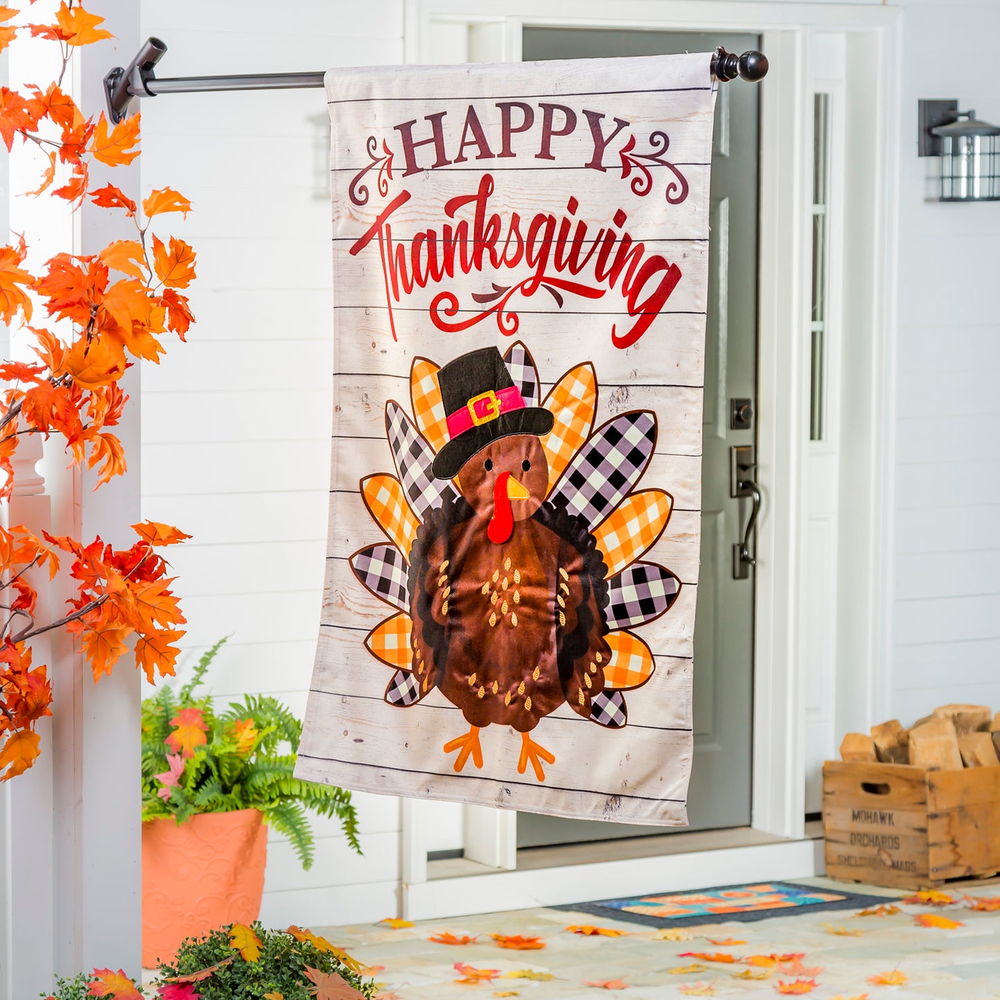 Pilgrim Turkey Burlap House Flag; Polyester 28"x44"