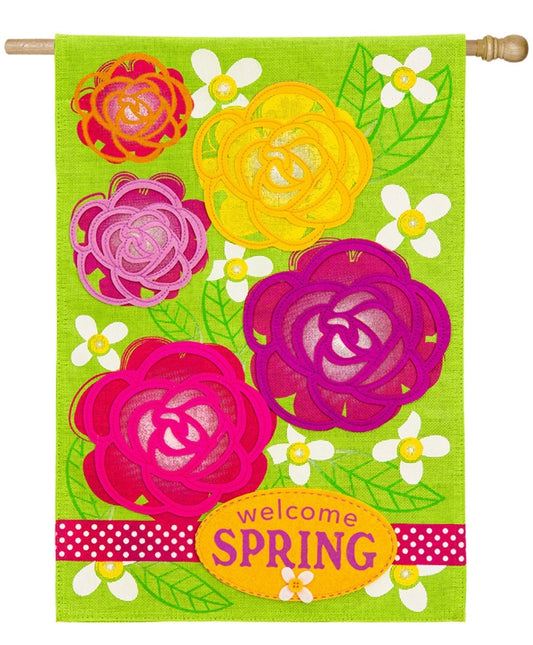 Welcome Spring Garden Flowers Burlap House Flag; Polyester