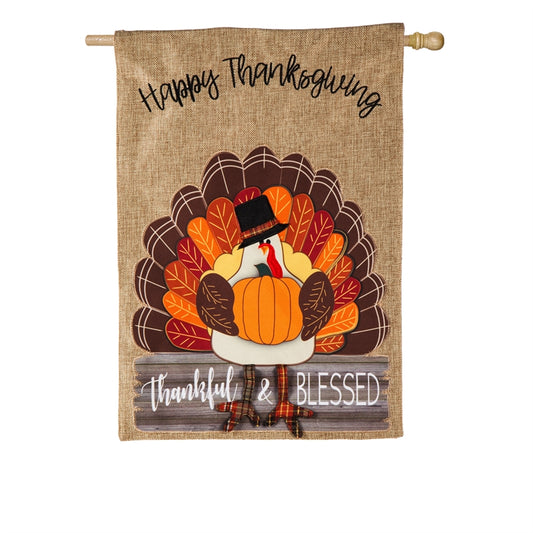 Thankful & Blessed Turkey Applique Burlap House Flag; Polyester