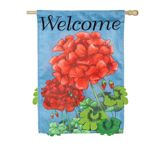 Geranium Welcome Printed Burlap House Flag; Polyester
