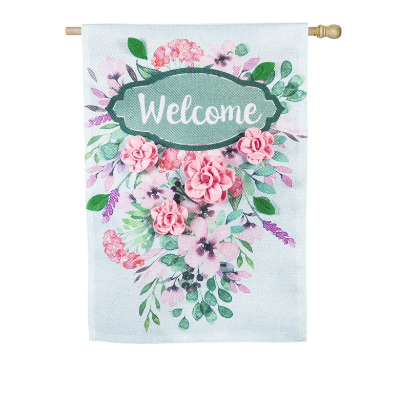 Spring Floral Welcome Printed Burlap House Flag; Polyester