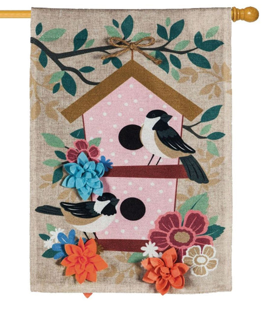 Chickadee Dot Birdhouse Printed House Flag; Polyester-Burlap