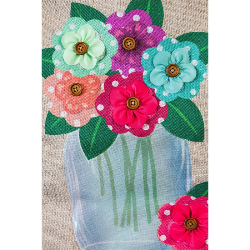 Polka Dot Floral Mason Jar Printed Flag; Polyester Burlap