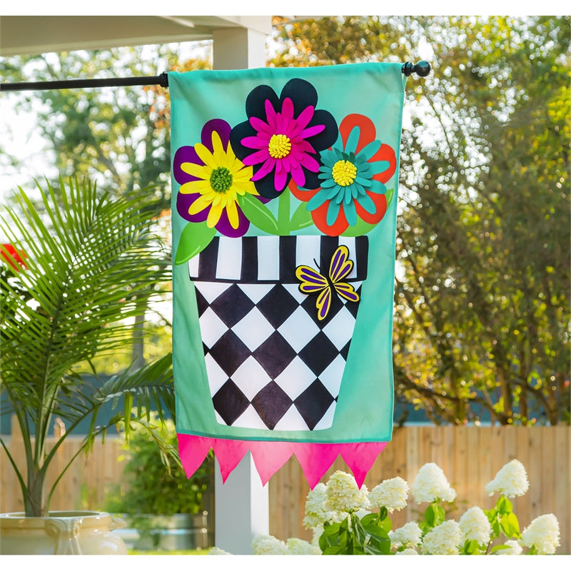 Hello Flower Pot Printed House Flag; Polyester Burlap 28"x44"