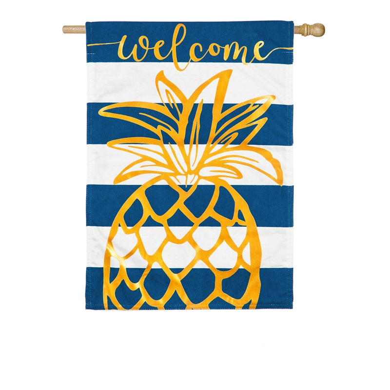 Pineapple Stripe Welcome Printed House Flag; Linen Textured Polyester