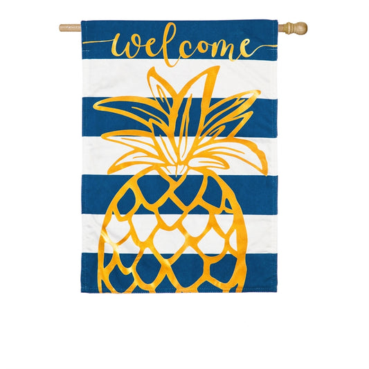 Pineapple Stripe Welcome Printed House Flag; Linen Textured Polyester