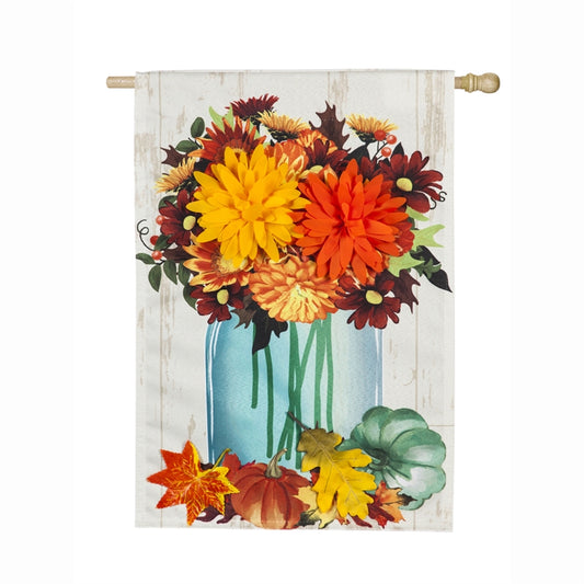 Fall Mums Floral Mason Jar Printed House Flag; Linen Textured Polyester