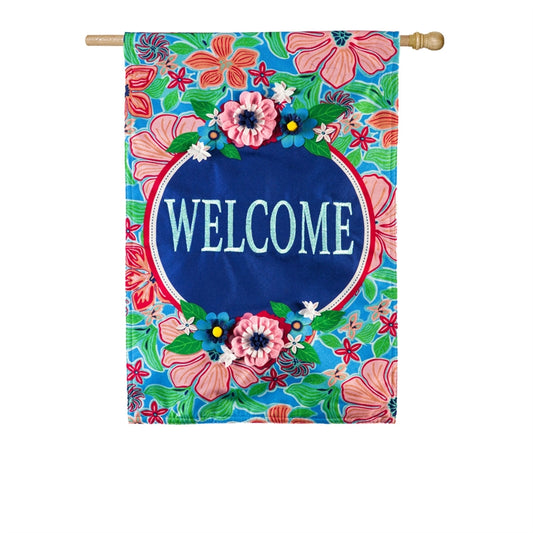 Flower Garden Welcome Printed House Flag; Linen Textured Polyester