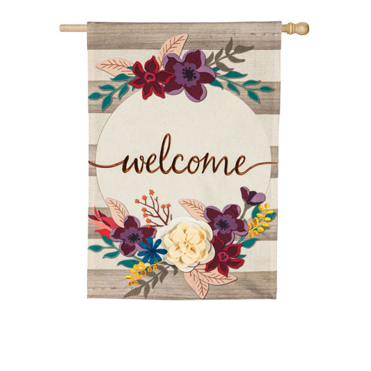 Fall Stripes Welcome Printed House Flag; Linen Textured Polyester 28"x44"