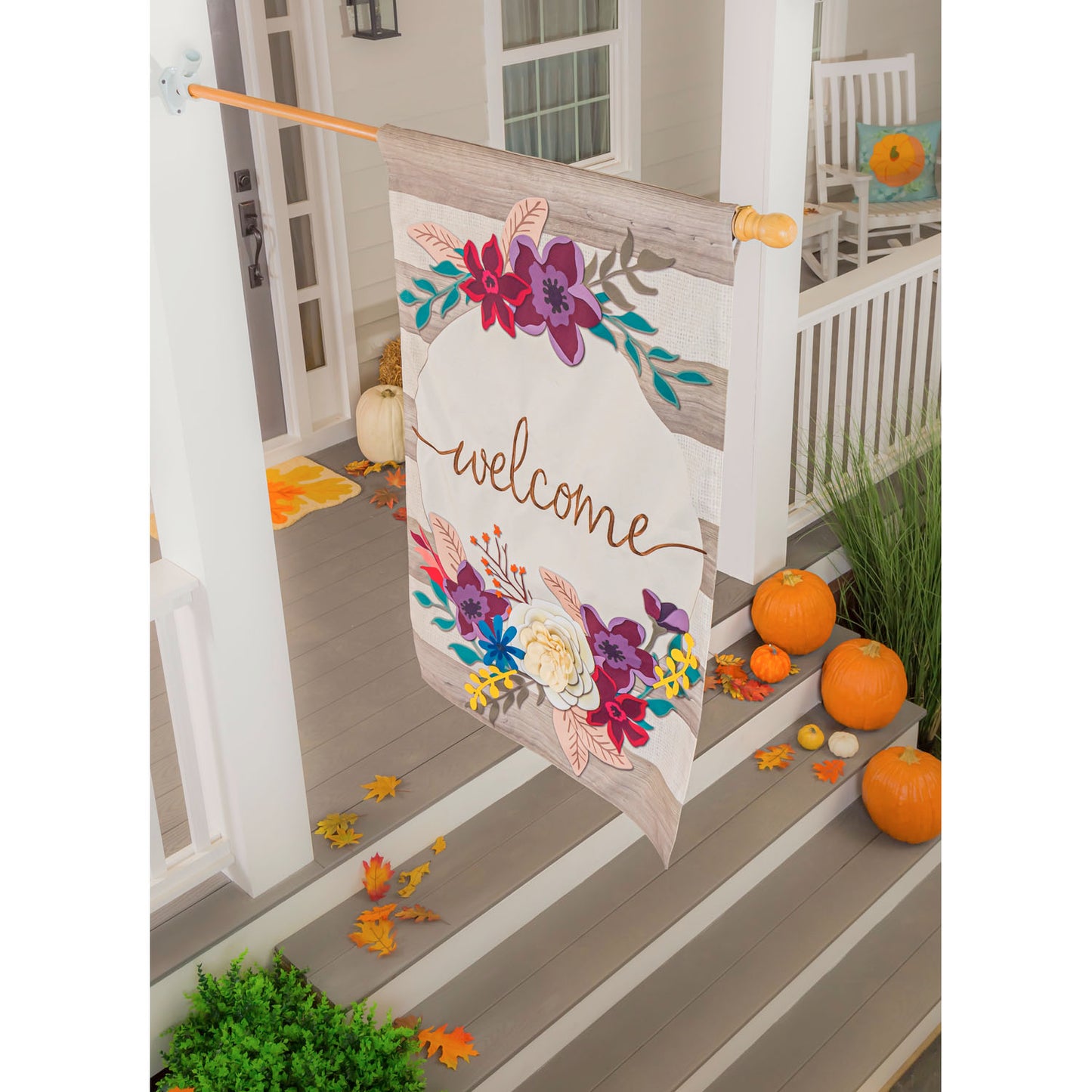 Fall Stripes Welcome Printed House Flag; Linen Textured Polyester 28"x44"