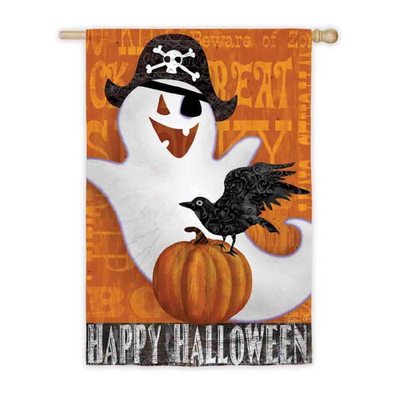 Halloween Night Kitty & Ghost 2-Sided Printed Suede House Flag; Polyester