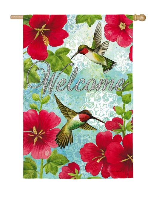 Hummingbird & Hollyhock Printed Suede House Flag; Polyester