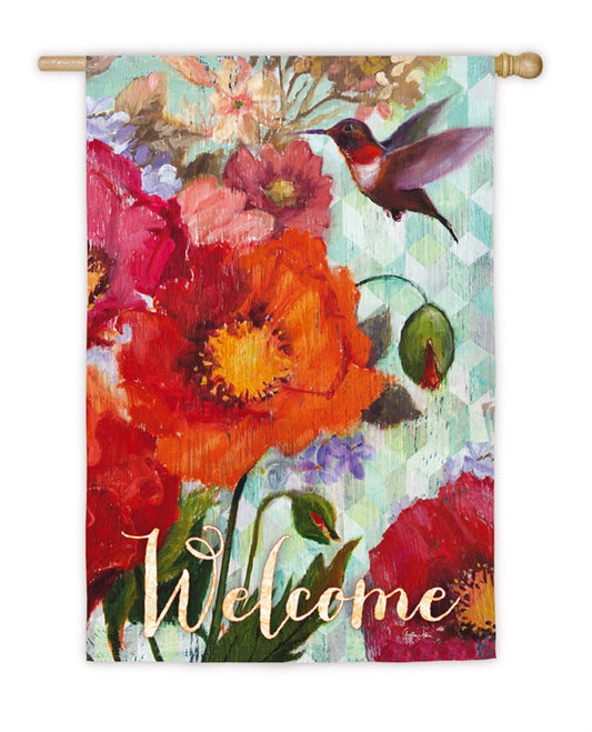 Hummingbird & Poppies Welcome Printed Suede House Flag; Polyester