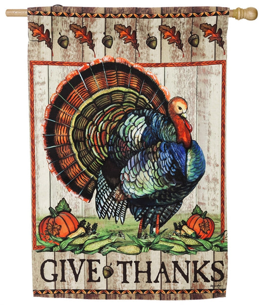 Give Thanks Turkey Printed Suede House Flag; Polyester