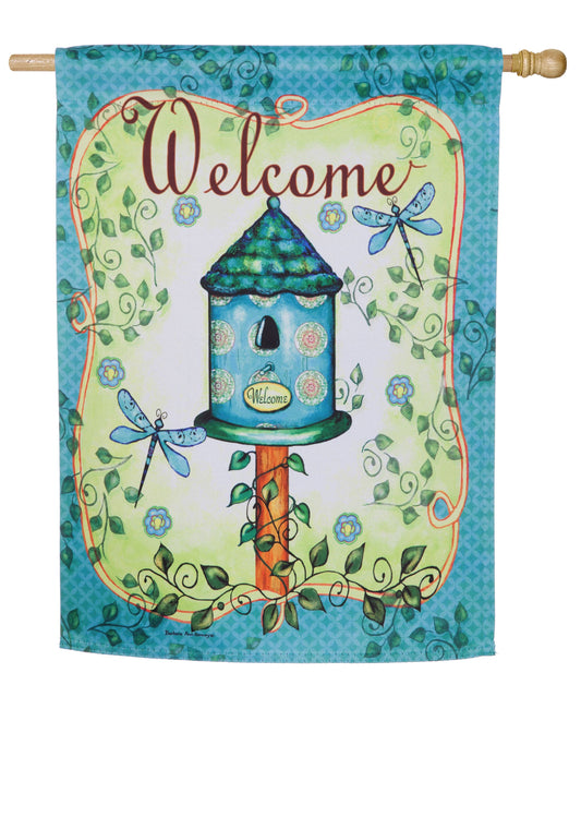 Blue Birdhouse Printed Suede House Flag; Polyester