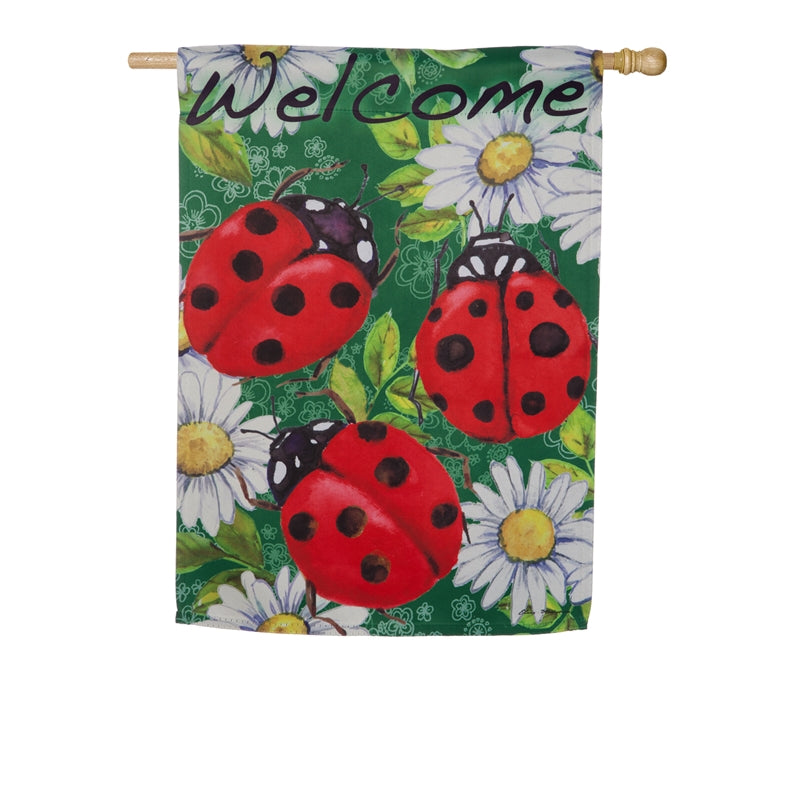 Ladybugs on Green Printed Suede Seasonal Flag; Polyester