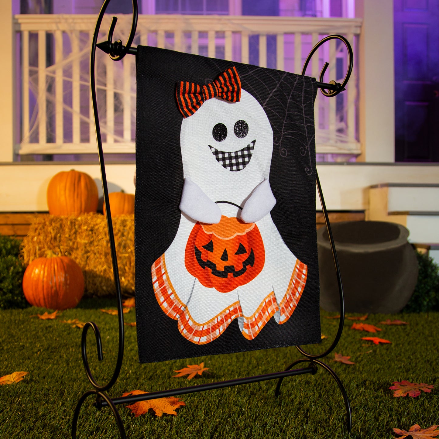 Girl & Boy Halloween Ghost Burlap Garden Flag; Polyester 12.5"x18"
