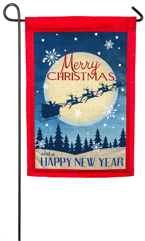 "Merry Christmas & Happy New Year" Printed Seasonal Garden Flag; Polyester Burlap