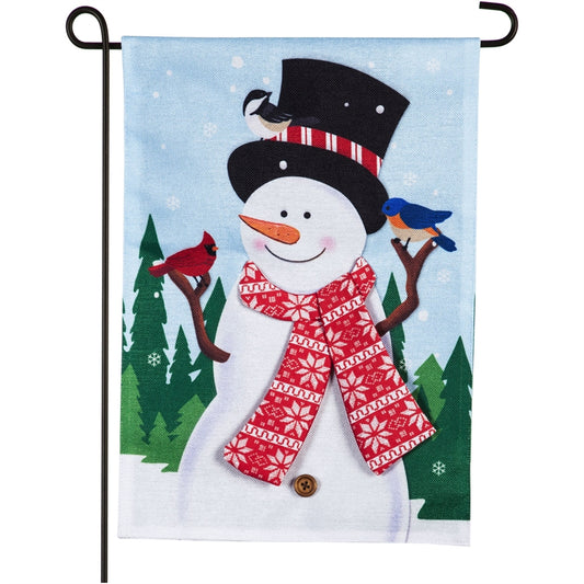 Snowman & Bird Friends Printed Garden Flag; Polyester Burlap