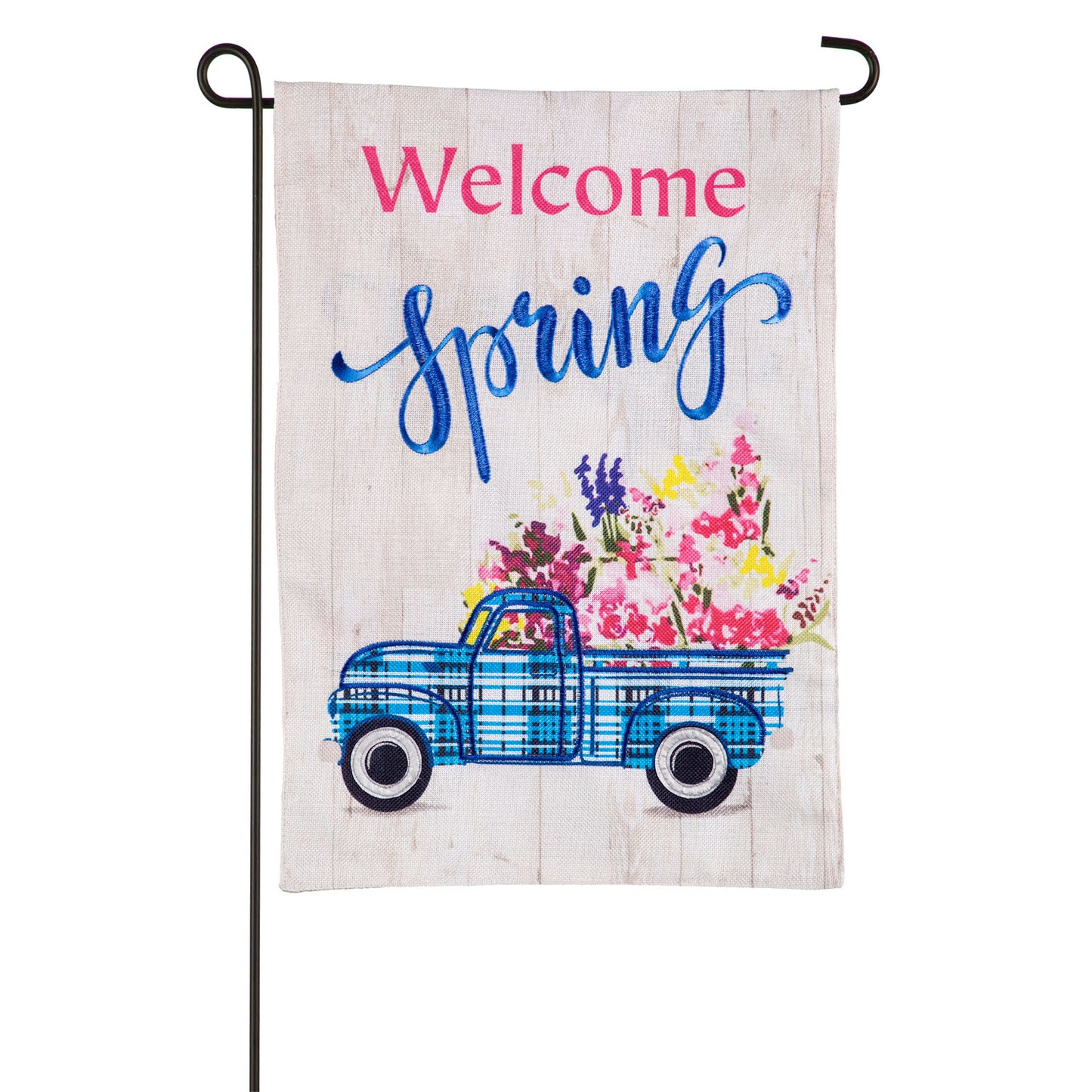 Welcome Spring Plaid Truck Burlap Garden Flag; Polyester 12.5"x18"