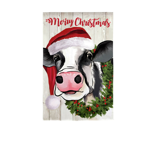 Christmas Cow Printed Garden Flag; Polyester-Linen Blend 12.5"x18"